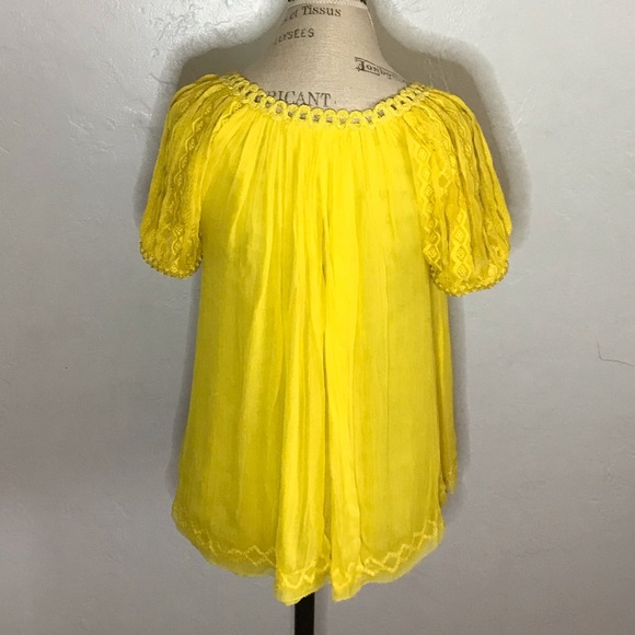 Diane von Furstenberg yellow silk sheer Flowy blouse with lace sleeves size 0 - Picture 3 of 5